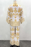 Yellow Casual Print Buckle Turndown Collar Long Sleeve Two Pieces
