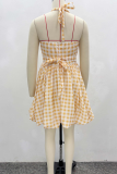 Yellow Sexy Plaid Backless Halter A Line Dresses