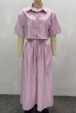 Pink Casual Stripe Buckle Shirt Collar Short Sleeve Two Pieces