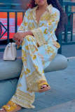 Yellow Casual Print Buckle Turndown Collar Long Sleeve Two Pieces