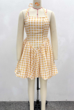 Yellow Sexy Plaid Backless Halter A Line Dresses