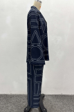 Tibetan Blue Casual Print Buckle Shirt Collar Long Sleeve Two Pieces