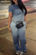 Blue Casual Gradient Color O Neck Short Sleeve Two Pieces