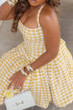Yellow Sexy Plaid Backless Halter A Line Dresses