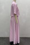 Pink Casual Stripe Buckle Shirt Collar Short Sleeve Two Pieces