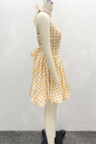 Yellow Sexy Plaid Backless Halter A Line Dresses
