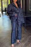 Tibetan Blue Casual Print Buckle Shirt Collar Long Sleeve Two Pieces
