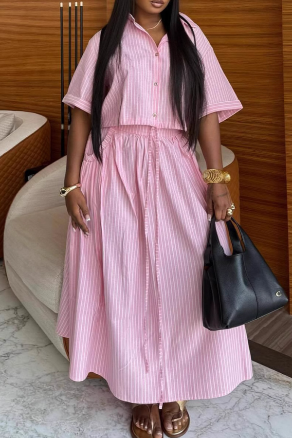 Pink Casual Stripe Buckle Shirt Collar Short Sleeve Two Pieces