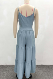 Blue Sexy Solid Color Buckle Spaghetti Strap Loose Jumpsuits