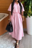 Pink Casual Stripe Buckle Shirt Collar Short Sleeve Two Pieces