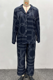 Tibetan Blue Casual Print Buckle Shirt Collar Long Sleeve Two Pieces