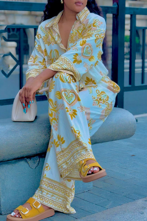 Yellow Casual Print Buckle Turndown Collar Long Sleeve Two Pieces