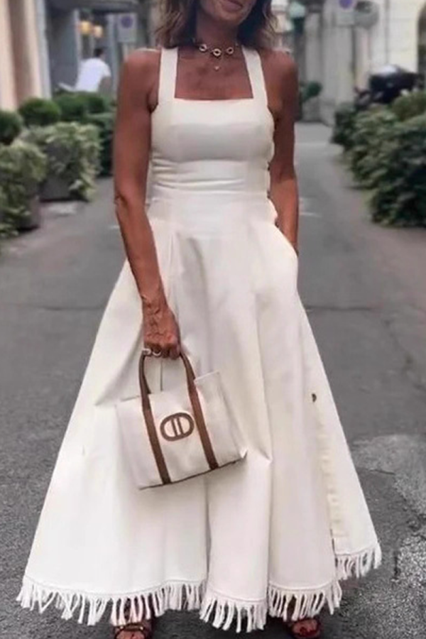 White Elegant Solid Color Fringed Trim Spaghetti Strap Long Dresses