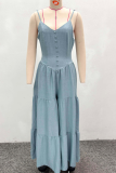 Blue Sexy Solid Color Buckle Spaghetti Strap Loose Jumpsuits