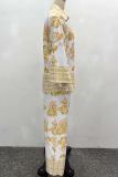 Yellow Casual Print Buckle Turndown Collar Long Sleeve Two Pieces