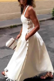 White Elegant Solid Color Fringed Trim Spaghetti Strap Long Dresses