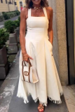 White Elegant Solid Color Fringed Trim Spaghetti Strap Long Dresses