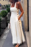 White Elegant Solid Color Fringed Trim Spaghetti Strap Long Dresses