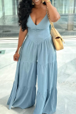 Blue Sexy Solid Color Buckle Spaghetti Strap Loose Jumpsuits