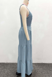 Blue Sexy Solid Color Buckle Spaghetti Strap Loose Jumpsuits