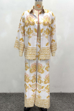 Yellow Casual Print Buckle Turndown Collar Long Sleeve Two Pieces