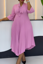 Pink Elegant Solid Color Strap Design Pleated O Neck Irregular Dresses