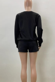Black Casual Solid Color Draw String Oblique Collar Long Sleeve Two Pieces