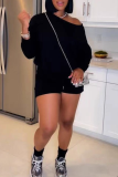 Black Casual Solid Color Draw String Oblique Collar Long Sleeve Two Pieces