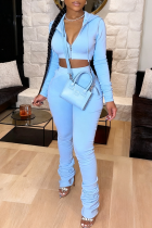 Light Blue Casual Solid Color Zipper Hooded Long Sleeve Two Pieces