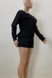 Black Casual Solid Color Draw String Oblique Collar Long Sleeve Two Pieces