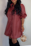 Burgundy Casual Solid Color Buckle Shirt Collar Long Dresses
