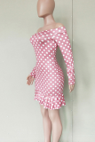 Pink Sexy Polka Dot Patchwork Off Shoulder Wrapped Skirt Dresses