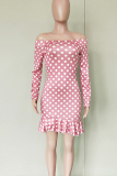 Pink Sexy Polka Dot Patchwork Off Shoulder Wrapped Skirt Dresses