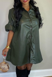 Burgundy Casual Solid Color Buckle Shirt Collar Long Dresses