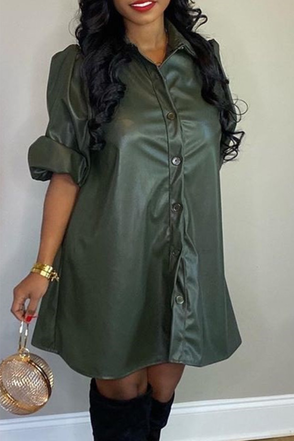 Army Green Casual Solid Color Buckle Shirt Collar Long Dresses