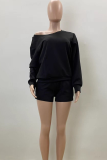 Black Casual Solid Color Draw String Oblique Collar Long Sleeve Two Pieces