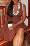 Brown Sexy Stripe Patchwork V Neck A Line Dresses