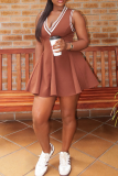 Brown Sexy Stripe Patchwork V Neck A Line Dresses