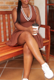 Brown Sexy Stripe Patchwork V Neck A Line Dresses