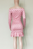 Pink Sexy Polka Dot Patchwork Off Shoulder Wrapped Skirt Dresses