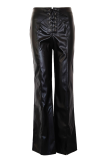 Black Casual Solid Color Cross Straps Skinny Conventional Patchwork Bottoms