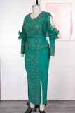 Green Elegant Solid Color Hollow Out Slit V Neck Long Plus Size Dresses
