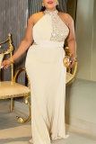 Rose Red Elegant Solid Color Sequins O Neck Long Plus Size Dresses