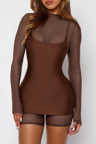 Brown Sexy Solid Color Mesh O Neck Long Sleeve Two Pieces