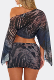Black Sexy Print Patchwork Oblique Collar Long Sleeve Two Pieces