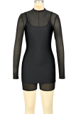 Brown Sexy Solid Color Mesh O Neck Long Sleeve Two Pieces