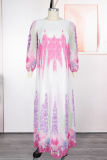 Yellow Elegant Print Patchwork O Neck Long Plus Size Dresses