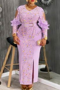 Purple Elegant Solid Color Hollow Out Slit V Neck Long Plus Size Dresses