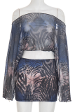 Black Sexy Print Patchwork Oblique Collar Long Sleeve Two Pieces