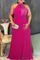 Rose Red Elegant Solid Color Sequins O Neck Long Plus Size Dresses